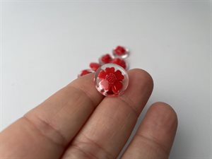 knap - gennemsigtig med rød blomst, 15 mm